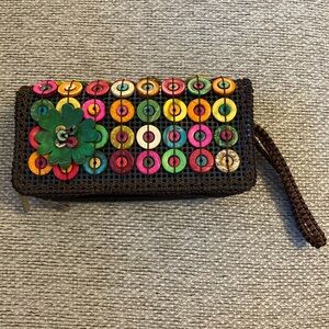 Vintage Handmade multicolor retro coconut shell wristlet/wallet 4”Tx8”Wx2”D